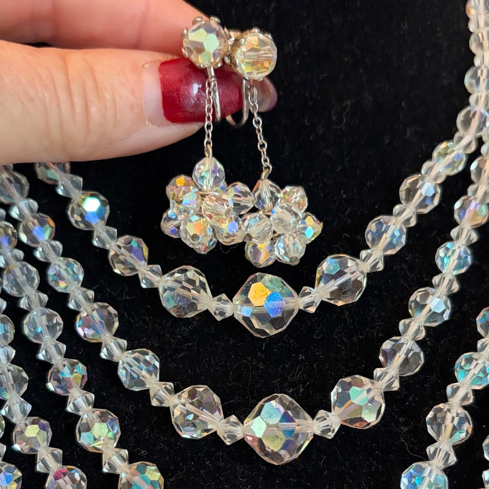 GORGEOUS 5 Strand Aurora Borealis necklace and Matching Clip Earrings